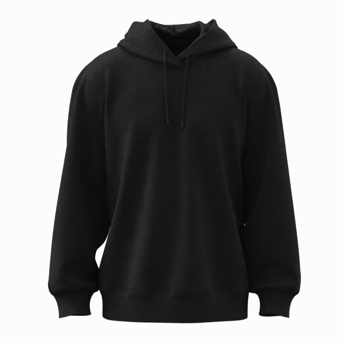 Schwarzer Sweat Pullover Hoodie ohne Model auf Produktseite präsentiert.