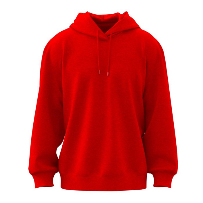 Roter Pullover Hoodie mit Kapuze und Kordelzug, isoliert auf weißem Hintergrund.