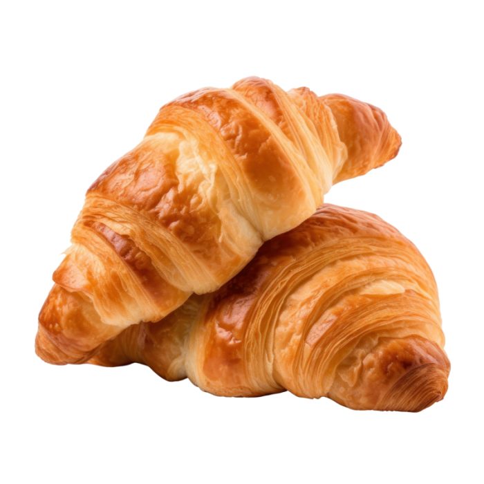 Zwei frisch gebackene, goldbraune, butterige französische Croissants auf weißem Hintergrund.