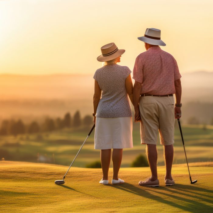 Älteres Paar steht auf einem Golfplatz beim Sonnenuntergang, ideal für entspannende Golferlebnisse.